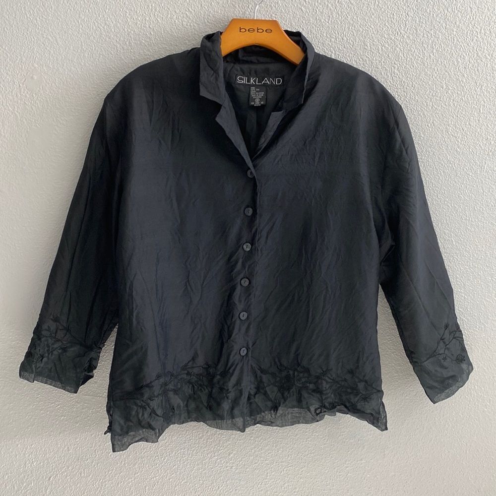Silkland- Womens black silk embroidered blouse- Size 10